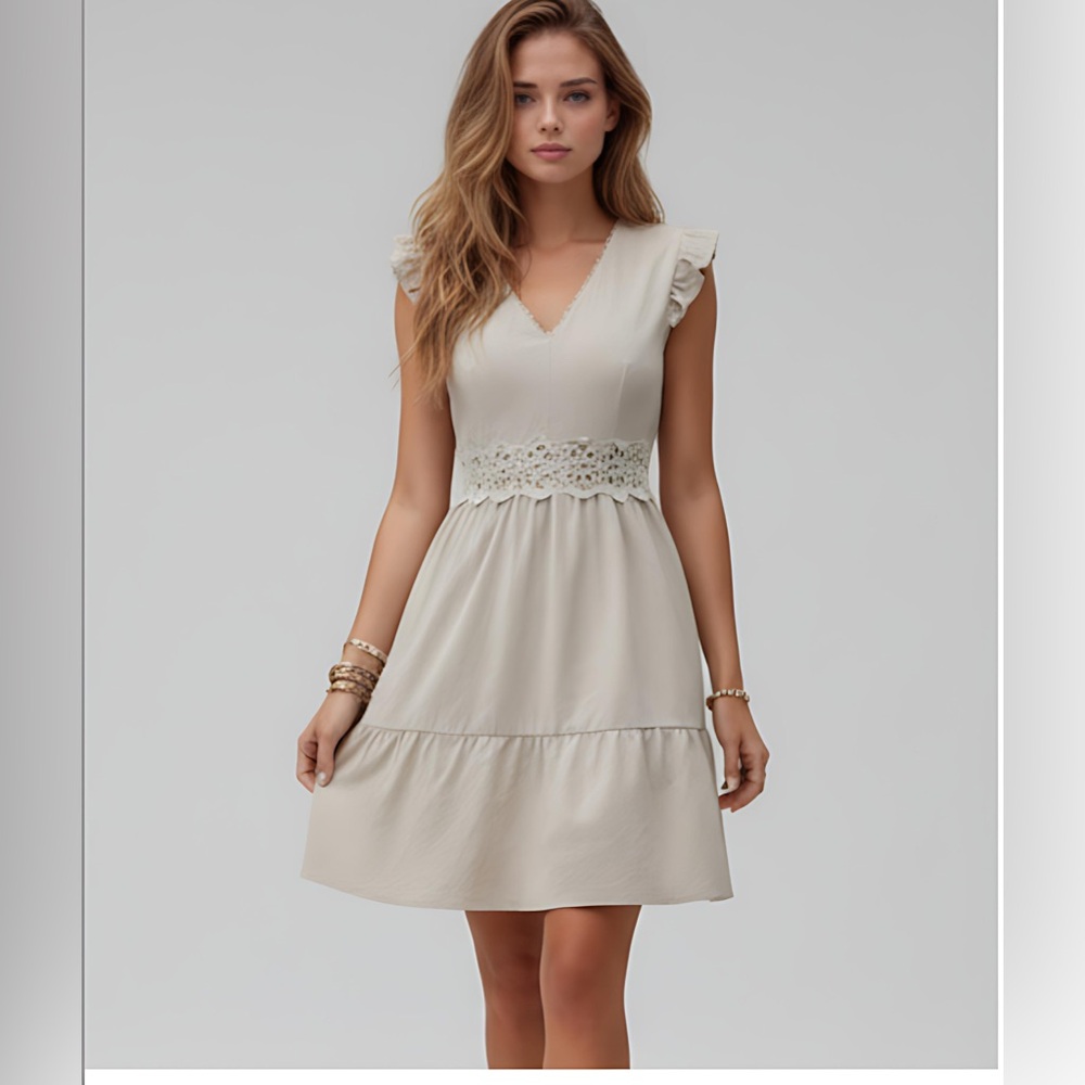 Beige Guipure Lace Insert Ruffle Hem Dress